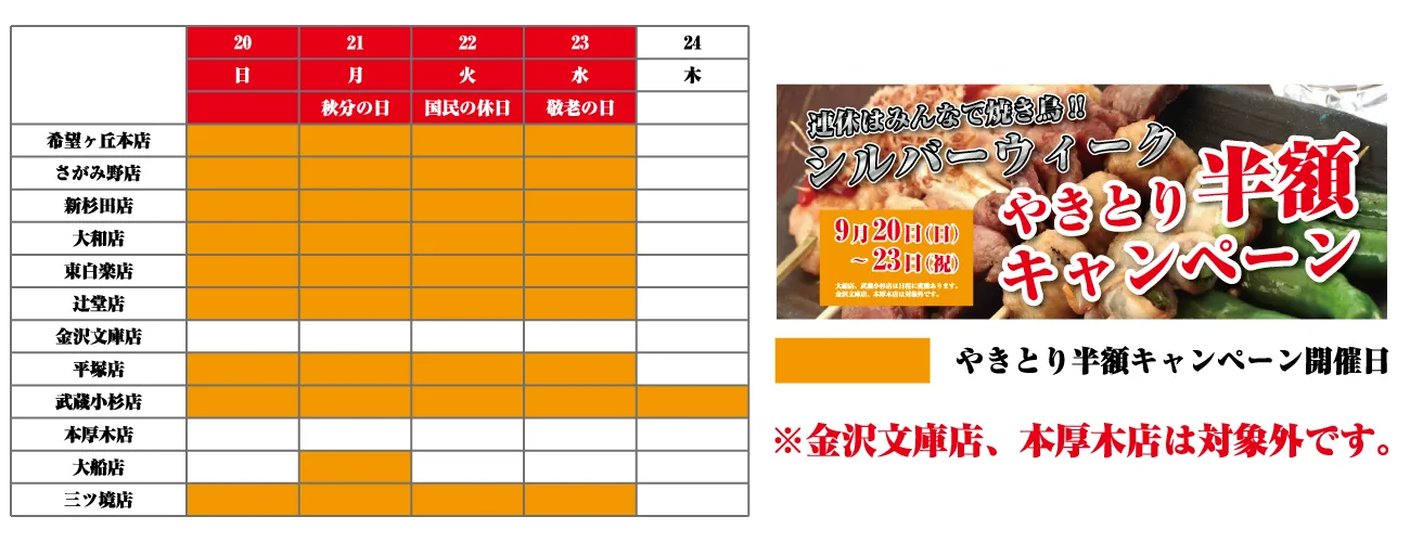 シルバーウィークやきとり半額キャンペーン！